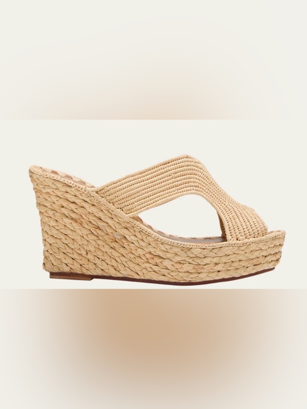 Carrie Forbes "Lina" slide wedge sandal in raffia and leather.